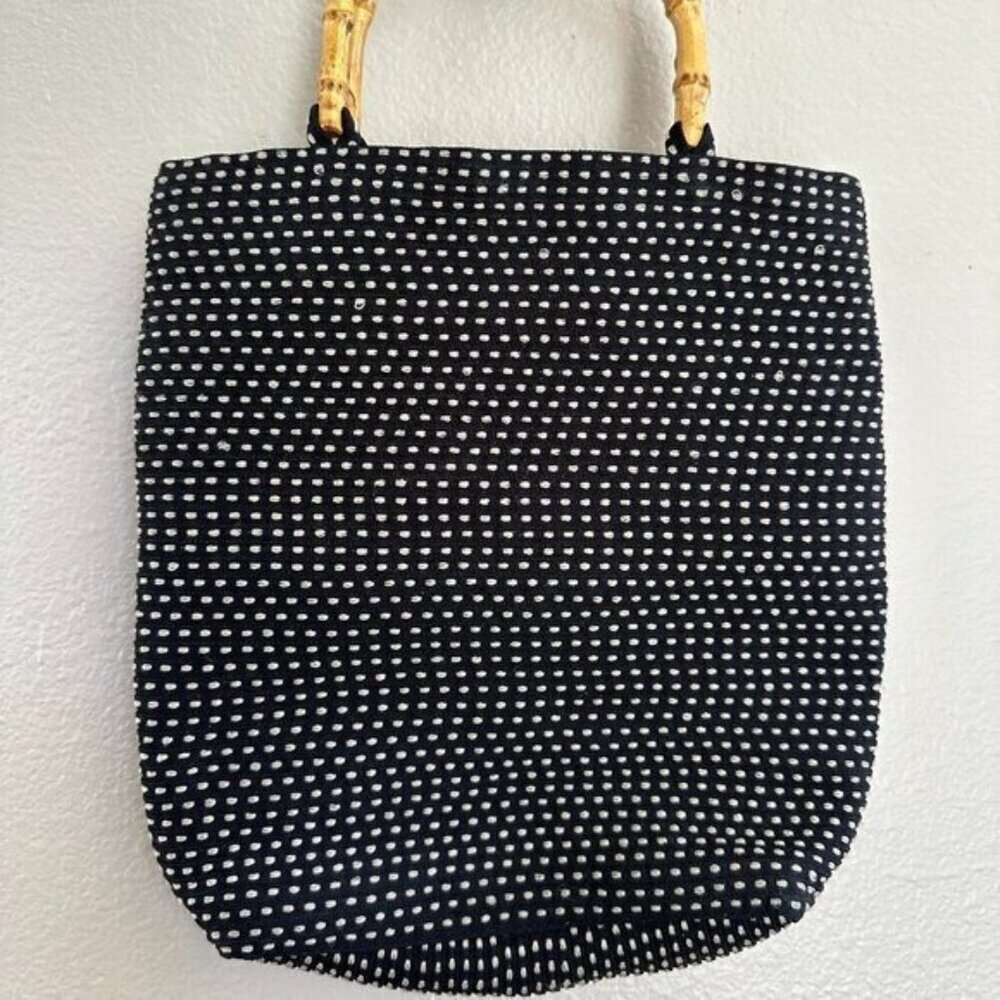 San Diego Hat Co. Black & White Polka Dot Tote Bag With Bamboo‎ Handles